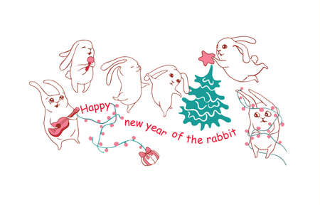 Greeting card for the New Year of the Rabbit 2023. Funny hares are preparing to meet the new year Happy New Year Bunny. Joyful hare label. Souvenirs, congratulations, banner.のイラスト素材