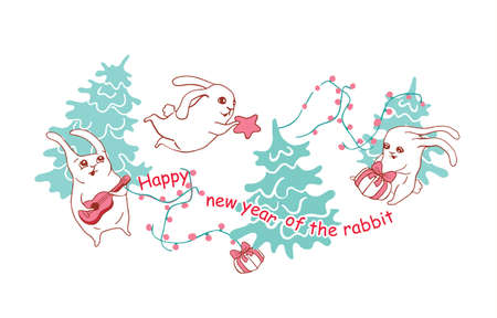 Greeting card for the New Year of the Rabbit 2023. Funny hares are preparing to meet the new year Happy New Year Bunny. Joyful hare label. Souvenirs, congratulations, banner.のイラスト素材