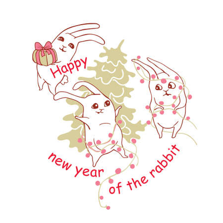 Greeting card for the New Year of the Rabbit 2023. Funny hares are preparing to meet the new year Happy New Year Bunny. Joyful hare label. Souvenirs, congratulations, banner.のイラスト素材