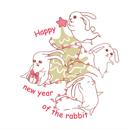 Greeting card for the New Year of the Rabbit 2023. Funny hares are preparing to meet the new year Happy New Year Bunny. Joyful hare label. Souvenirs, congratulations, banner.のイラスト素材
