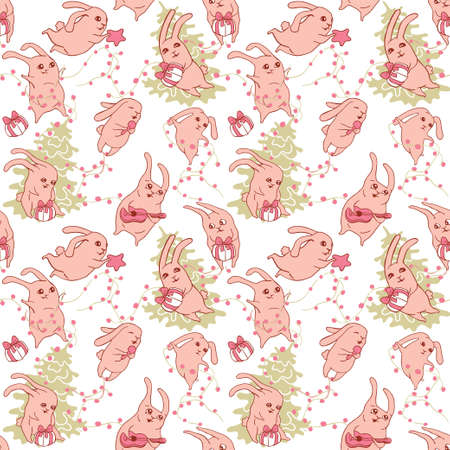Seamless pattern funny hares are preparing to meet the new year for the New Year of the Rabbit 2023. Funny bunnies. Joyful hare label. Souvenirs, congratulations, paper.のイラスト素材