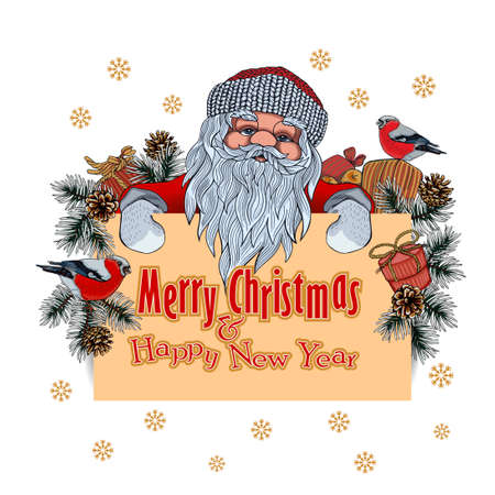 Santa holds a white poster with the inscription Happy New Year and Merry Christmas, surrounded by branches of Christmas trees, cones and bullfinches.のイラスト素材