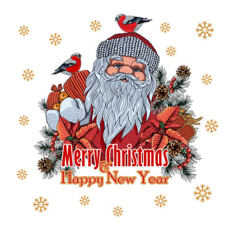 Santa holds gifts surrounded by branches of Christmas trees, cones and bullfinches with the inscription Merry Christmas and Happy New Year. New Year postcard, banner.のイラスト素材