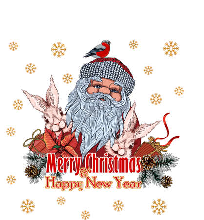 Santa and bunnies with gifts surrounded by branches of Christmas trees, cones and bullfinches with the inscription Merry Christmas and Happy New Year. postcard, banner.のイラスト素材
