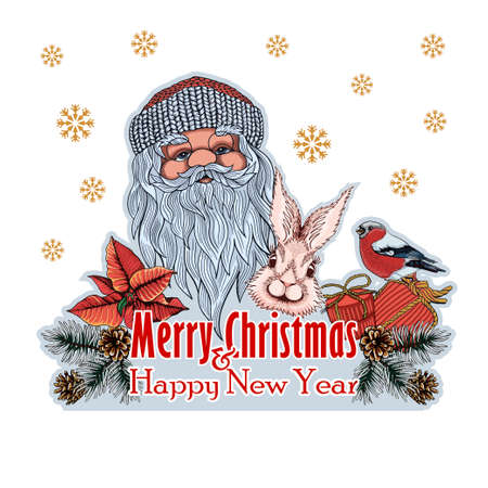 Santa and bunnies with gifts surrounded by branches of Christmas trees, cones and bullfinches with the inscription Merry Christmas and Happy New Year. New Year postcard.のイラスト素材