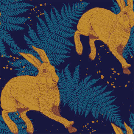 Repeating pattern, golden rabbit on fern background, seamless pattern on dark background. Nature pattern for gift paper, wallpaper, packaging, fabric print, bedding, textileのイラスト素材