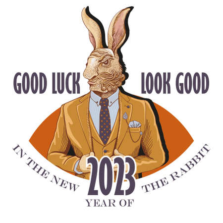 Portrait of a rabbit in fashionable clothes with a wish for the New Year. Good luck in the new year of the rabbit. Portrait of an animal in clothes to use in print souvenirs and on T-shirtsのイラスト素材
