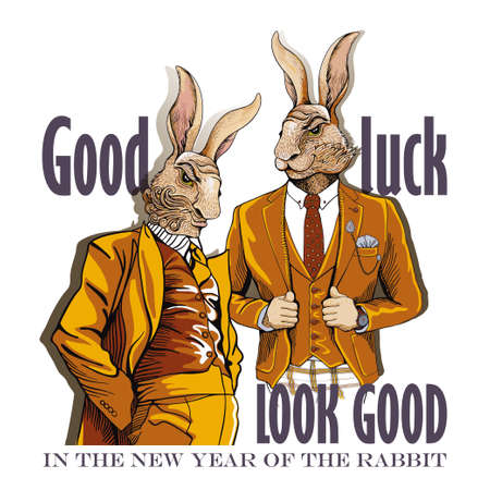 Portrait of a rabbit in fashionable clothes with a wish for the New Year. Good luck in the new year of the rabbit. Portrait of an animal in clothes to use in print souvenirs and on T-shirtsのイラスト素材