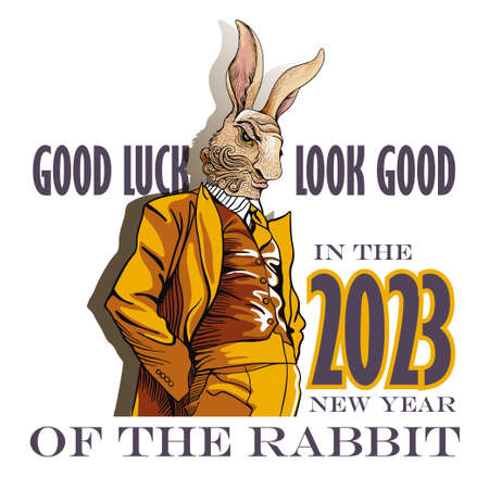 Portrait of a rabbit in fashionable clothes with a wish for the New Year. Good luck in the new year of the rabbit. Portrait of an animal in clothes to use in print souvenirs and on T-shirtsのイラスト素材