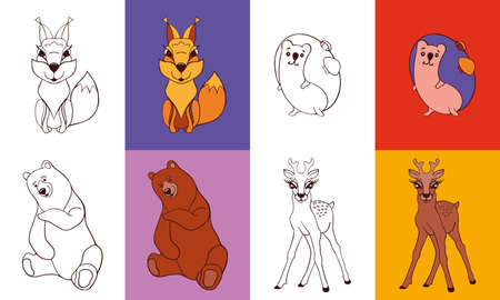 Coloring book cartoon animals for children. Set of cartoon animals black and white outline and example for coloring. Fawn, bear, squirrel, hedgehog. game cards.のイラスト素材