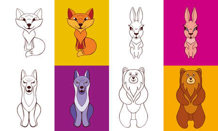 Coloring book cartoon animals for children. Set of cartoon animals black and white outline and example for coloring. Fox, bunny, wolf, bear. game cards.のイラスト素材