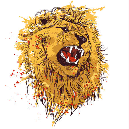 Pencil drawing of the head of a roaring lion in a minimalist style, suitable for tattoo, interior decoration, paintings, print on textiles and t-shirts. Lion roar.のイラスト素材