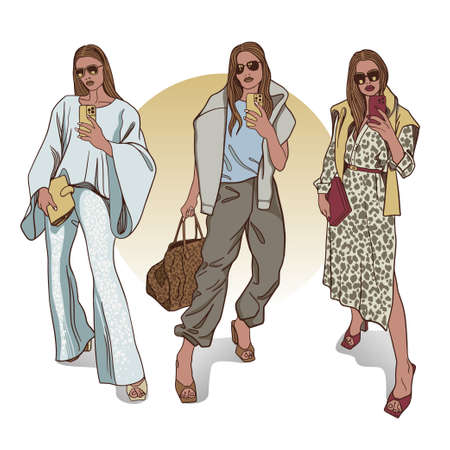 Abstract, fashionable young girl in glasses takes a selfie, poses in different models of clothes, fashion illustration, stylist, avatar for social networks, banner for an online fashion store.のイラスト素材