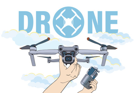 drone. A person's hand is holding a drone and a remote control. Realistic vector line drawing. Logo and corporate identity for a drone store.のイラスト素材