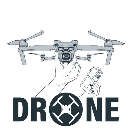 drone. A person's hand is holding a drone and a remote control. Realistic vector line drawing. Logo and corporate identity for a drone store.のイラスト素材