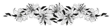 Lily flowers, garland black and white pencil drawing. For tattoos and decoration of wedding invitations, congratulation invitations, postcards, gold stamping, outline for coloring.のイラスト素材