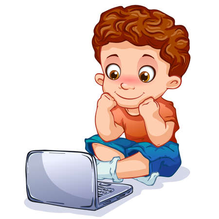 Boy sitting and watching cartoons on the laptop. Cartoon characters. Vector illustration.のイラスト素材