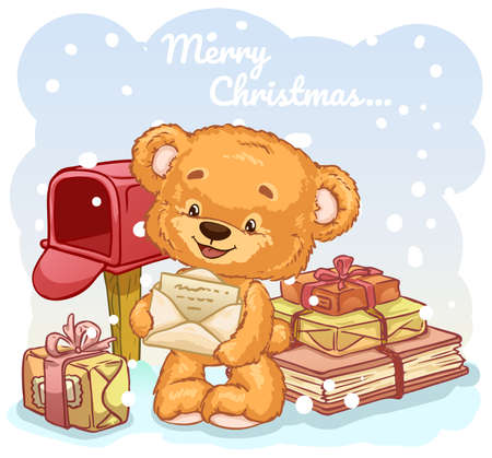 Plush toy bear between gifts sends a letter to Santa Claus. Cartoon characters. Vector illustration.のイラスト素材