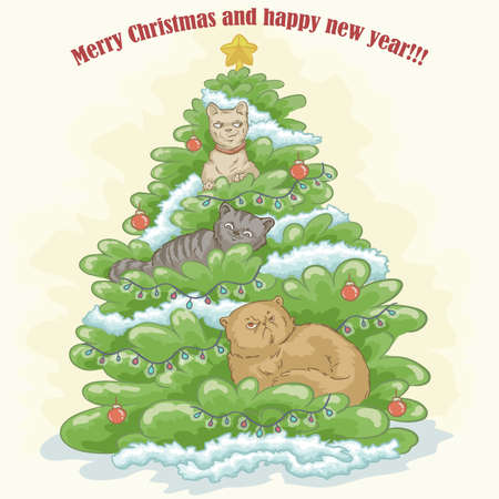 Christmas fir tree with kittens.のイラスト素材