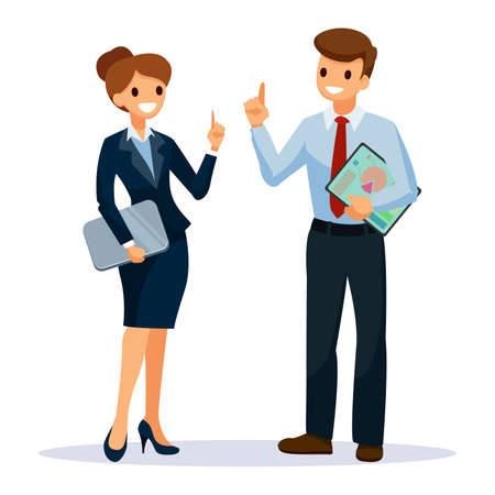 Man and woman in black suits. They point with their index finger upwards and explain the lecture. Business People teamwork, Vector illustration cartoon character.のイラスト素材