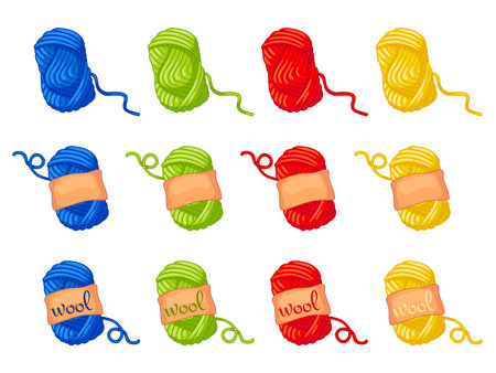 Twelve multi-colored, oval different balls of yarn. Wool thread skein icon for handmade shop and other knit design project. Cute Vector Collection.のイラスト素材