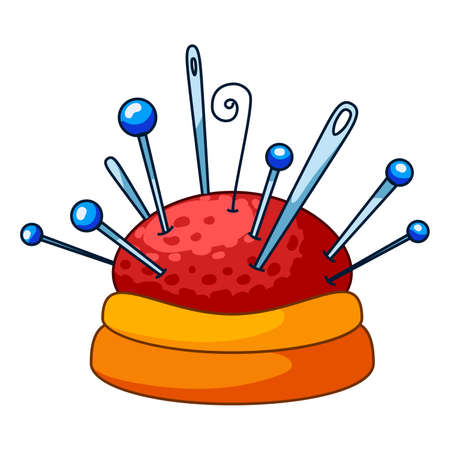 Soft red needle bed, needles, cartoon vector illustration. Thread, sewing, embroideryのイラスト素材