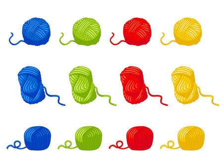 Twelve balls of yarn, three different forms. Four colors red, blue, green, yellow. Wool thread skein icon for handmade shop and other knit design project. Cute Vector Collection.のイラスト素材