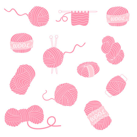 Collection of hand drawn pink balls of yarn for knitting on white backgroundのイラスト素材