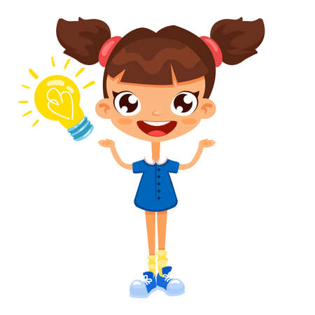 cute little girl in blue dress and sneakers. She is stand, smiling at and has a great idea. Cartoon characters. Vector illustration. Can be used for fashion print  kids wear and invitation , postcardのイラスト素材