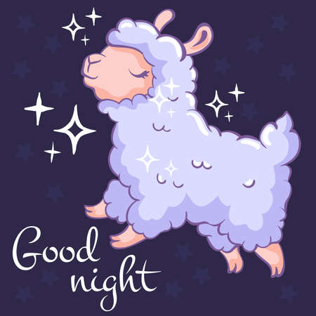 Cute card with a flying sheep on dark background. Good night. Can be used for print design, gift paper, kids wear, website, celebration greeting, postcard, sticker, t-shirt, mug and other design.のイラスト素材
