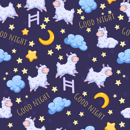 vector seamless pattern with sheeps on dark background. Good night. Can be used for print design, gift paper, kids wear, website, celebration greeting, postcard, sticker, t-shirt, mug and other designのイラスト素材