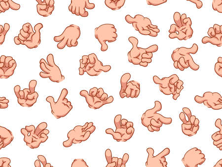 Seamless pattern of outline hands. Vector cartoon illustration. Different gestures: pointing, attention, fist, thumbs up, like, dislike, ok.のイラスト素材