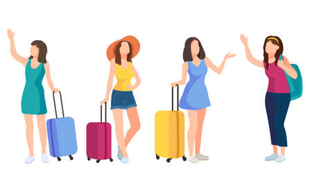 Girls with suitcases traveling on vacation. Vector cartoon illustration isolated on white backgroundのイラスト素材