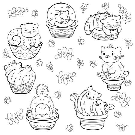 Set of cute hand drawn cactus cats in cartoon style.  Ideal for coloring printのイラスト素材