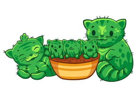 Family cat cacts with kittens. Vector cartoon illustration. It can be used for sticker, patch, phone case, poster, mug and other designのイラスト素材