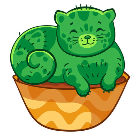 Happy fat cat cactus lies in a flower pot. Vector cartoon illustration. It can be used for sticker, patch, phone case, poster, mug and other designのイラスト素材