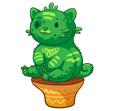 Very fat cat cactus sitting in a flower pot. Vector cartoon illustration. It can be used for sticker, patch, phone case, poster, mug and other designのイラスト素材