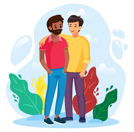 Couple of smiling adult men different nationalities. One guy is hugging the other guy. Element lgbt and gay parade, protest. Vector illustration with lgbt manのイラスト素材