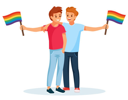Young couple of smiling white men, ginger and brunette, gays holding a flags with a rainbow. Element lgbt and gay parade, protest. Vector illustration with lgbt manのイラスト素材