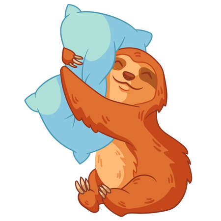 Cute sleepy ginger sloth hugging a white pillow.  It can be used for sticker, patch, phone case, poster, t-shirt, mug and other design. Vector cartoon character.のイラスト素材