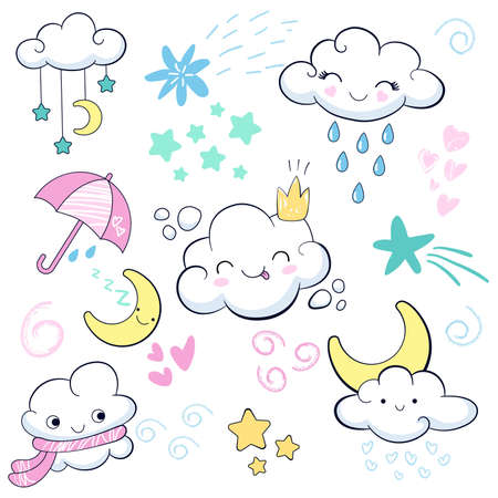 Decor elements set with cartoon clouds, rain, wind, umbrella, half moon. Can be used for sticker, patch, textile, fabric print, poster, baby shower design, t-shirt, partyのイラスト素材