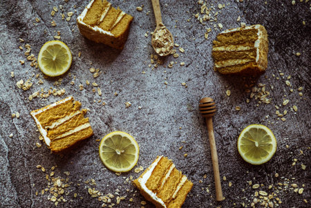 piece of honey cake, honey, oatmeal and lemon on a gray background