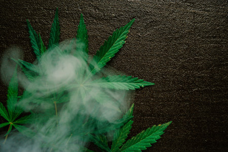 medical marijuana leaves in smoke, cannabis on black dark backgroundの写真素材