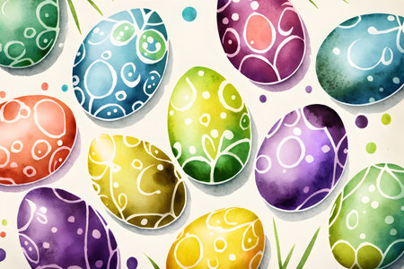 set of Easter eggs painted with patterns and flowers, watercolor, Generative AI contentの素材