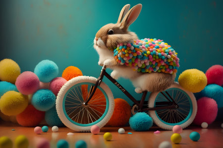 Easter funny rabbit on a bicycle, colored eggs on a blue background, Generative AI contentの素材