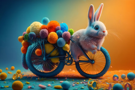 Easter funny rabbit on a bicycle, colored eggs on a blue with orange background, Generative AI contentの素材