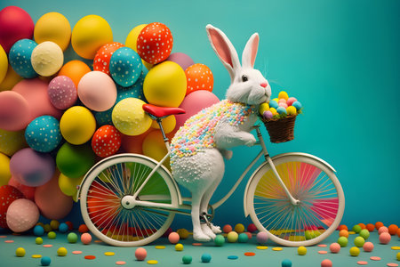 Easter funny rabbit on a bicycle, colored eggs on a blue background, Generative AI contentの素材