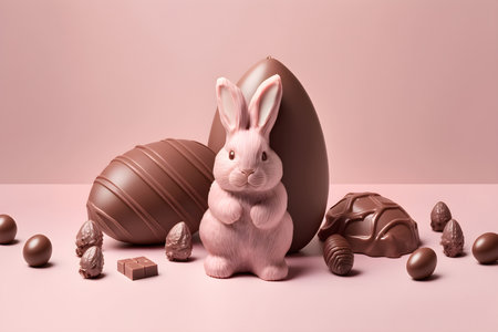chocolate Easter bunny, eggs and candies on a pink background, Generative AI contentの素材