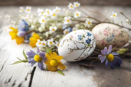 Painted Easter eggs with spring flowers on a white wooden table, Generative AI contentの素材
