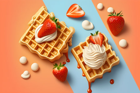 Illustration of Belgian waffles with cream and strawberries on a pink background, Generative AI contentの素材